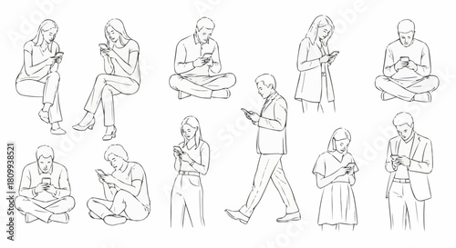 Hand drawn sketch collection of diverse people using their smartphones.