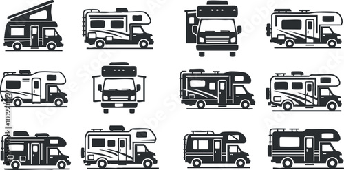 Collection of black and white vector illustrations of various RV designs for travel and camping enthusiasts