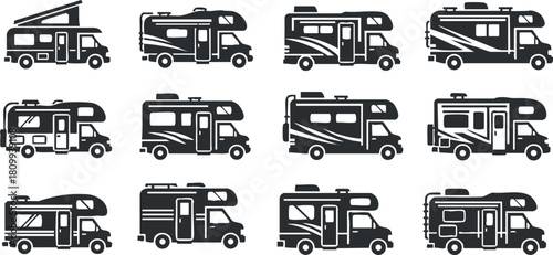 Collection of minimalist black and white vector illustrations of various RV and camper designs for travel and outdoor projects