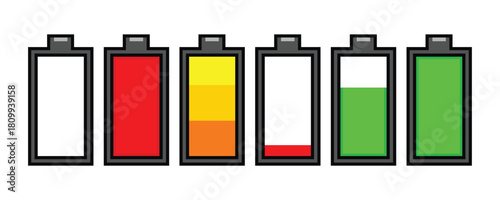 Battery charge level indicators showing different levels of energy, on, representing power status and usage