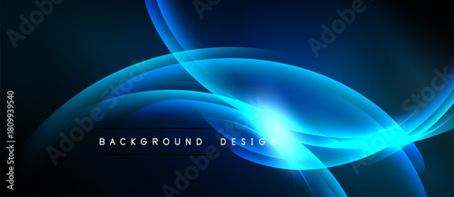 Abstract blue waves, glowing lines create dynamic background. Modern design elements suggest energy, motion, technology. Dark space enhances luminosity.