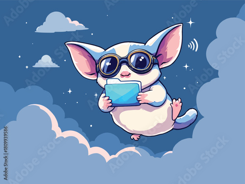 A cute cartoon sugar glider with pilot goggles flies through the night sky holding a digital folder.