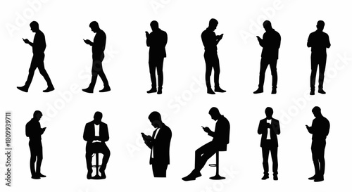Vector silhouettes of men standing walking and sitting while using their smartphones.