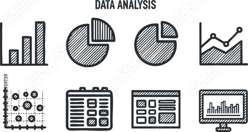 Collection of vector icons illustrating data analysis concepts including graphs, charts, and analytical tools for business insights.