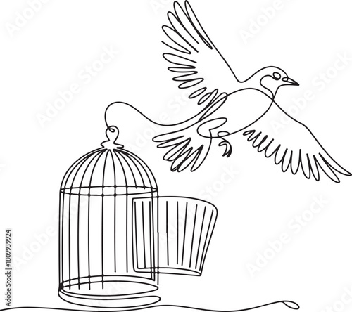 Minimalist Continuous Line Art Bird Escaping Open Cage
