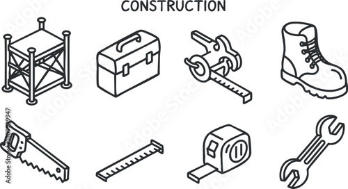 Outline vector illustration of construction tools and equipment including scaffolding, toolbox, measuring devices, and safety gear for design projects