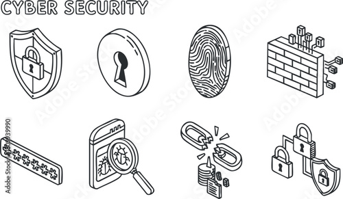 Isometric vector illustration set of cybersecurity concepts including locks, shields, fingerprints, and security icons for digital safety.