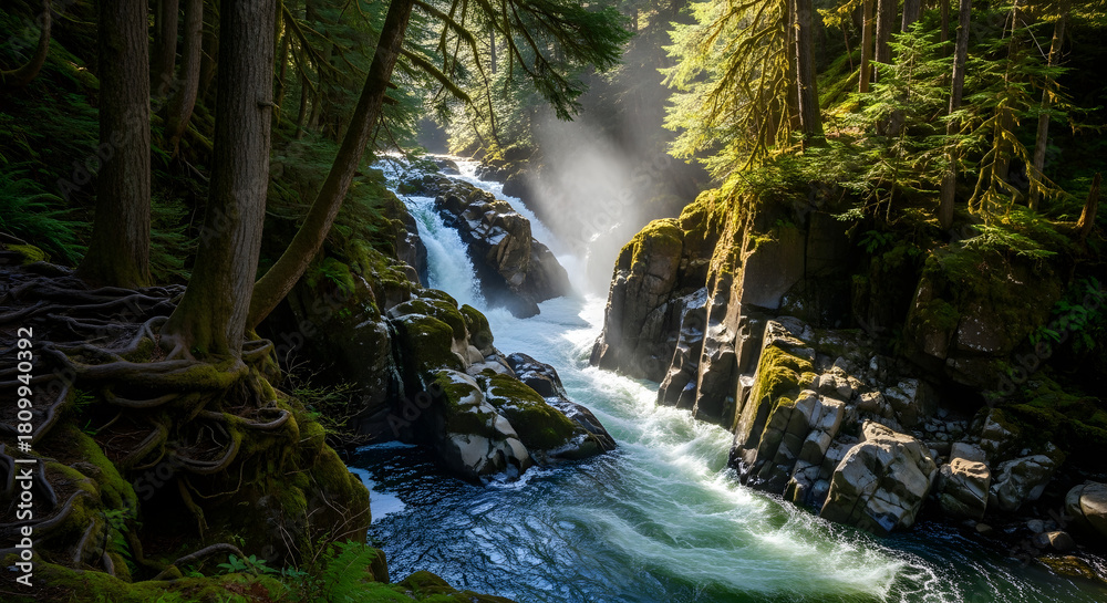 Fototapeta premium River and Waterfalls Flowing Through Lush Green Forest with Moss Covered Rocks on Bright Sunny Day in Pacific Northwest Forest Landscape Scenery at Sol Duc Falls