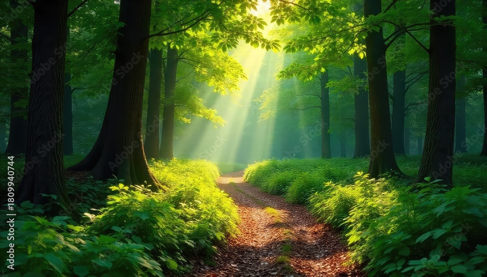 Fototapeta premium Sun-dappled forest path winds through lush greenery, sunlight filtering through leaves, creating a magical atmosphere Tranquil scene perfect for relaxation and escape , natural, leaves