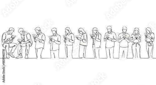 Line Art Depicting People Engrossed in Smartphones.