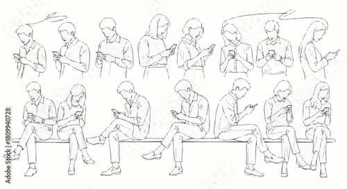 Hand drawn sketch set of diverse people using their smartphones.