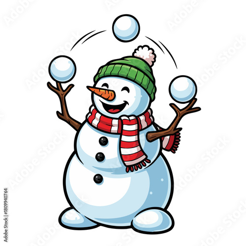 Cheerful Snowman Juggling Snowballs in Winter Cartoon Illustration.