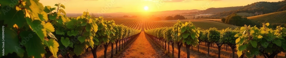 Fototapeta premium Sun-drenched vineyard rows stretching to the horizon, ripe grapes hanging heavy on the vines, ready for harvest A picturesque scene of idyllic wine country , wine country, vines, rural