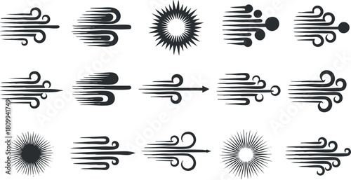 Modern vector icon set illustrating wind, motion, and dynamic energy symbols for branding and graphic design projects