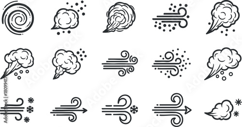 Collection of modern vector icons depicting various wind and cloud symbols for weather-related design projects