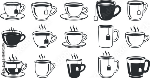 Stylized collection of black and white vector illustrations of various coffee and tea cups with steam and tea bags