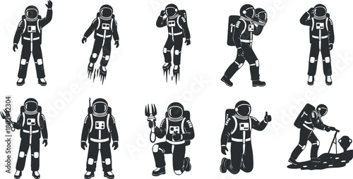 Set of minimalist black and white vector illustrations featuring various astronaut characters in different poses and actions for creative projects