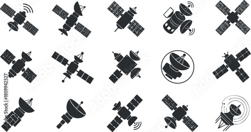 Collection of modern black and white vector illustrations of satellites in various designs for technology and space exploration projects