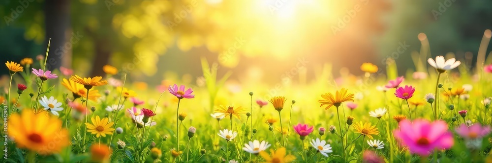 Fototapeta premium Vibrant sunlit meadow bursting with wildflowers, creating a joyful, peaceful scene perfect for illustrating happiness and wellbeing , blossom, landscape