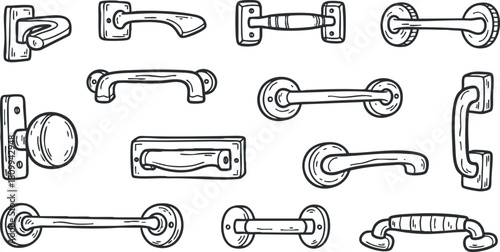 Hand-drawn vector illustration collection of various door and furniture handles for home design projects