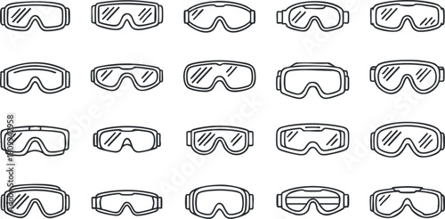 Lineart vector illustration set of various ski and snowboarding goggles for winter sports and outdoor activities