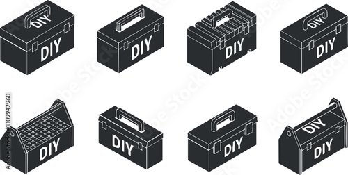 Minimalist black and white vector illustration of a DIY toolbox icon set for home improvement and repair projects