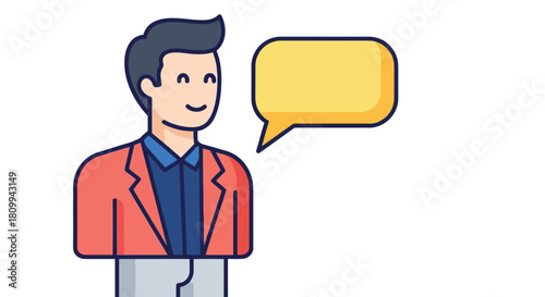 Man in red jacket with speech bubble
