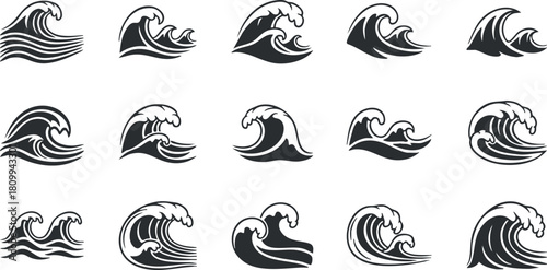 Stylized black and white vector icon set of ocean waves for design and branding projects
