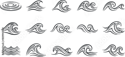 Stylized black and white vector illustration of various wave designs, ideal for branding, nature themes, and decorative elements