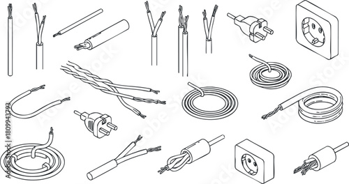 Detailed outline vector illustration of various electrical wires, cables, and connectors for technology and design projects