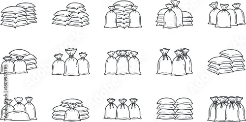 Outline vector illustration of various sack and bag designs for packaging, storage, and delivery concepts.