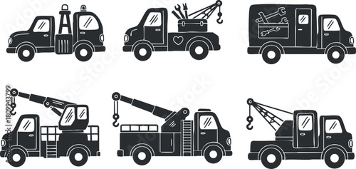Collection of black and white vector illustrations of service and towing trucks for transportation and repair concepts