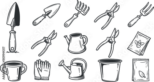 Hand-drawn vector illustration set of gardening tools including spade, trowel, pruning shears, and gloves for garden design projects