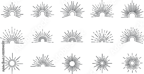Collection of minimalist outline vector illustrations of sun symbols with radiating rays for design and branding projects