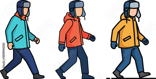 Three cartoon figures wearing colorful winter jackets walking outdoors on a transparent background, showcasing vibrant colors and casual winter fashion in a dynamic pose