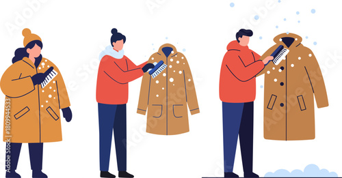 Three people cleaning a winter coat outdoors in the snow, one person using a comb to remove snowflakes, wearing colorful jackets, on a transparent background