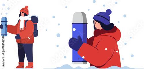 Two people holding thermoses in winter clothing, standing in snow, outdoors with falling snowflakes, enjoying a cold day in the mountains, isolated on a transparent background
