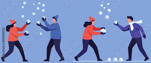 Two people playing with snowballs in winter, having fun in a playful snow fight indoors, illustrated style with a blue background, vibrant colors and cheerful atmosphere