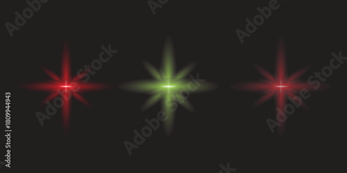 Three glowing starburst light effects red and green on black background vector