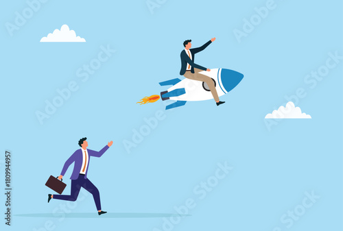 Vector illustration of a businessman riding a rocket soaring ahead while another businessman runs behind, symbolizing fast growth, competitive advantage, and rapid success in business
