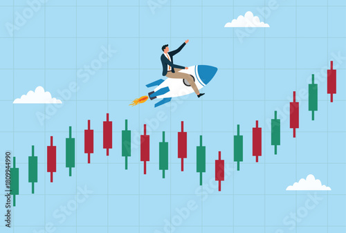Vector illustration of a businessman riding a rocket above rising candlestick charts, symbolizing financial growth, market success, investment gains, and upward momentum

