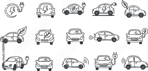 Outline vector icon set of electric vehicles, showcasing charging symbols, eco-friendly elements, and modern automotive concepts for design projects