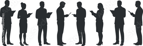 Silhouette vector illustration of diverse people engaged in communication, showcasing teamwork and technology in a modern workspace