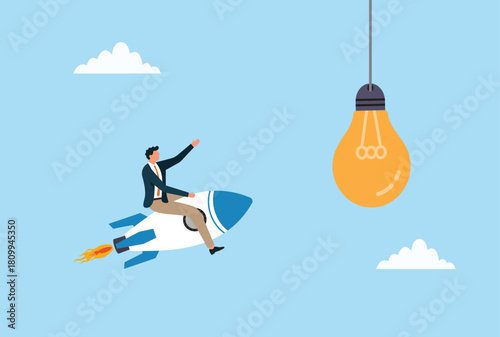 Vector illustration of a businessman riding a rocket toward a glowing light bulb, symbolizing innovation, creativity, ambition, and the pursuit of new ideas
