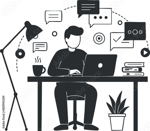 Minimalist vector illustration of a person working at a desk with a laptop, coffee, and communication icons for remote work themes