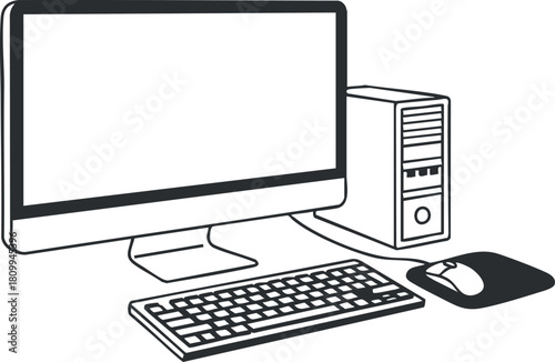 Outline vector illustration of a desktop computer setup featuring a monitor, keyboard, and mouse for technology and office design.