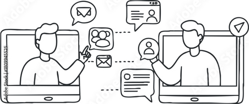 Line art vector illustration depicting digital communication between users through messaging and social networking platforms