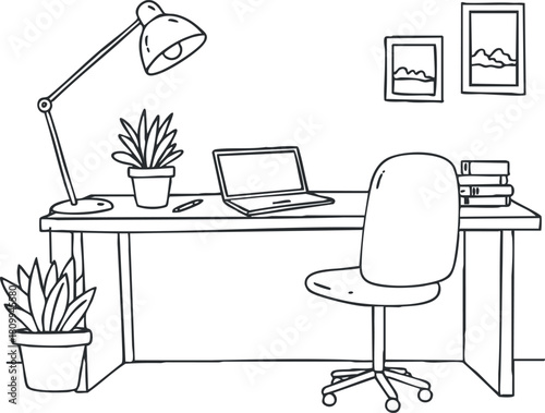 Minimalist line art illustration of a stylish desk workspace featuring a laptop, lamp, plants, and chair for home office design