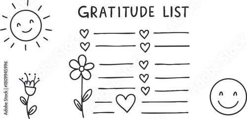 Hand-drawn vector illustration of a gratitude list featuring cheerful elements like the sun, flowers, and hearts for wellness and mindfulness.