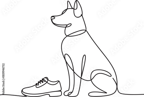 Minimalist Continuous Line Art Dog Sitting Beside Shoes